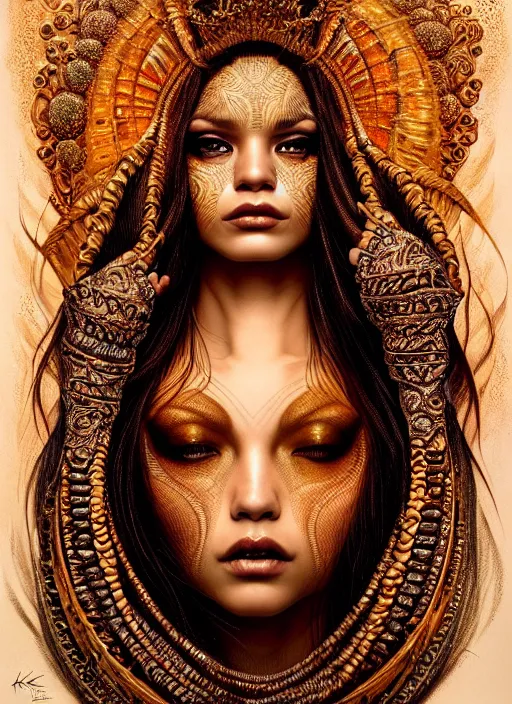 Prompt: portrait of mermaid queen, zoom, rule of thirds, atmosphere, intricate, regal, latinas, ( brown skin ), symmetrical!!, loreal, maybelline, sephora, loreal, artstation, art by karol bak ( ( cinematic ) ), concept art, filmic, vsco