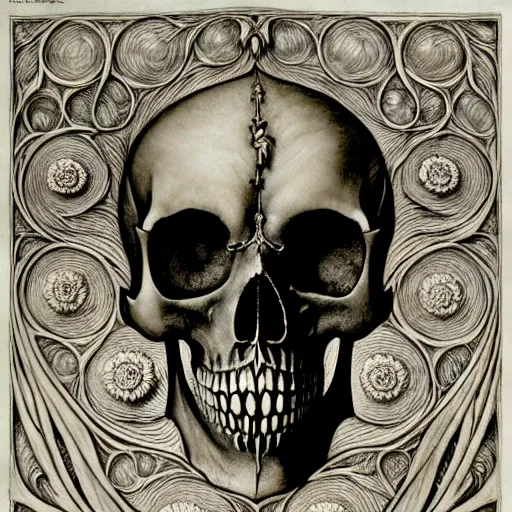 Image similar to memento mori by arthur rackham, art forms of nature by ernst haeckel, exquisitely detailed 3 d render, art nouveau, gothic, ornately carved beautiful skull mask dominant, intricately carved ornamental antique bone, art nouveau botanicals, art forms of nature by ernst haeckel, horizontal symmetry, symbolist, visionary