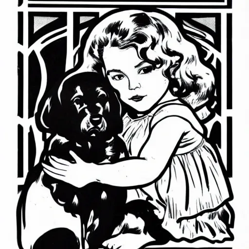 Prompt: clean simple line art of a little girl with wavy curly hair sitting next to a cute puppy. white background. well composed, clean black and white line drawing, beautiful detailed face. illustration by steve ditko and jack kirby and alphonse mucha