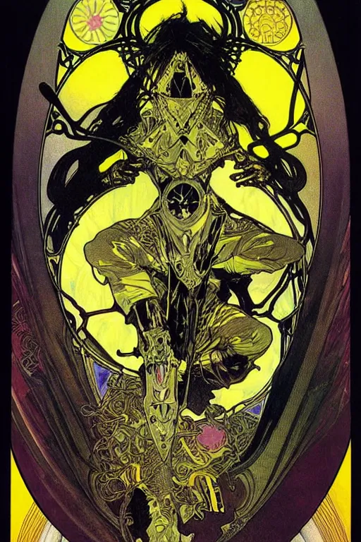 Prompt: black and yellow technicolor color risoprint, alphonse mucha, richard corben, wayne barlowe, moebius, heavy metal comic cover art, psychedelic triangular lich in heavy shoulders armor, very intricate, thick outline, full body, symmetrical face, long black crown, in a shapes background, galactic dark colors