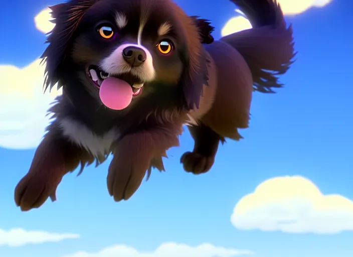 Image similar to a wholesome animation key shot of a black tibetan spaniel, jumping, studio ghibli, pixar and disney animation, sharp, rendered in unreal engine 5, anime key art by greg rutkowski, bloom, dramatic lighting