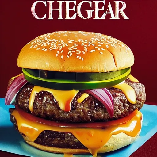 Image similar to a 1 0 layer cheeseburger with 1 0 pieces of meat, 1 0 pieces of cheese and tons of melted sauces and onions, food magazine cover