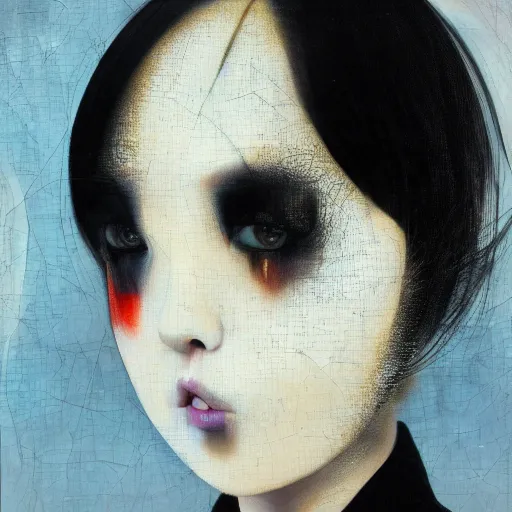 Prompt: yoshitaka amano blurred and dreamy minimalistic oil portrait of a young woman with black lipstick and black eyes wearing dress suit with tie, junji ito abstract patterns in the background, satoshi kon anime, noisy film grain effect, highly detailed, renaissance oil painting, wide brush strokes, weird portrait angle, blurred lost edges