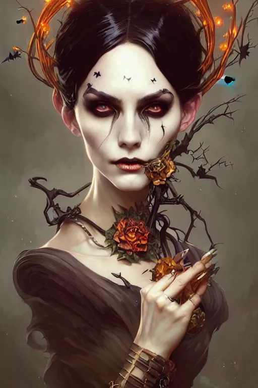Image similar to halloween witch woman, fantasy magic, undercut hairstyle, intricate, elegant, sharp focus, illustration, highly detailed, digital painting, concept art, matte, art by wlop and artgerm and greg rutkowski and alphonse mucha, masterpiece
