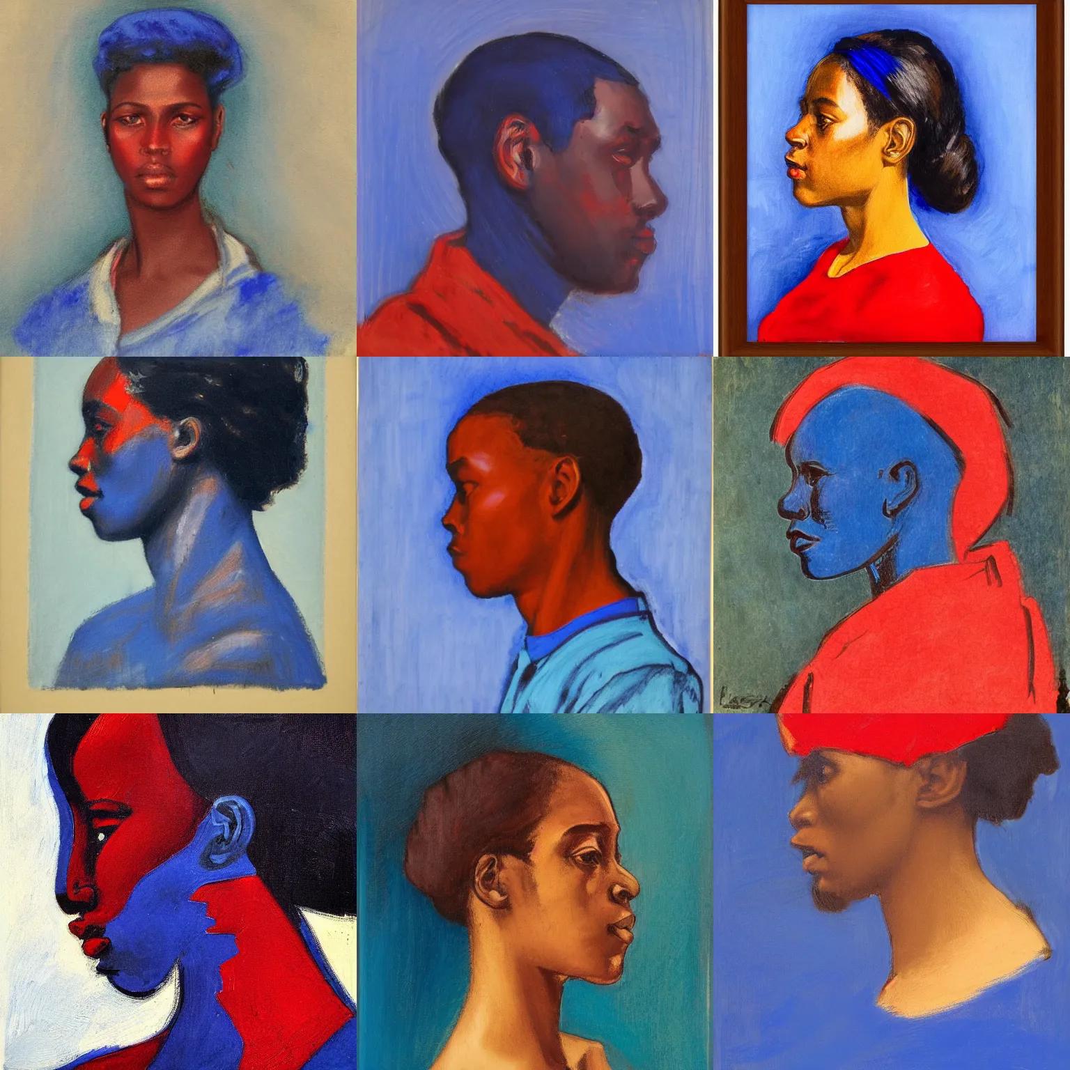 Prompt: profile portrait in angolan realist style, ultramarine blue, venetian red, titanium white, tonalist, romanticist, high - contrast, art nouveau, expressive, modeled lighting