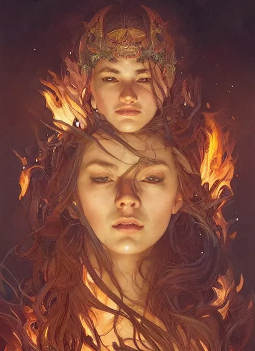 Prompt: portrait of a stunningly beautiful campfire, highly detailed, 3 5 mm photo, artstation, concept art, sharp focus, 2 8 mm macro photo, art by artgerm and greg rutkowski and alphonse mucha, incredibly beautiful and symmetrical, incredibly detailed, award winning art, royal