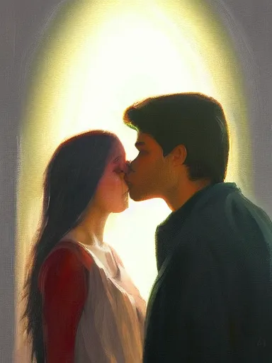 Image similar to masterpiece painting by salman toor, of a solo individual portrait of a guy and a girl kissing, cinematic light, renaissance, atmospheric effects, artstation