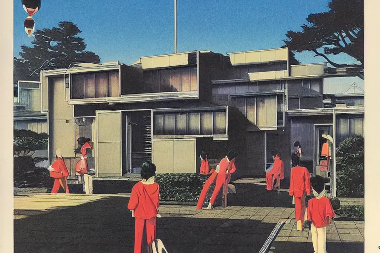 Image similar to 1 9 7 9 omni magazine cover of gated community in japan. large modern houses. cyberpunk style by vincent di fate