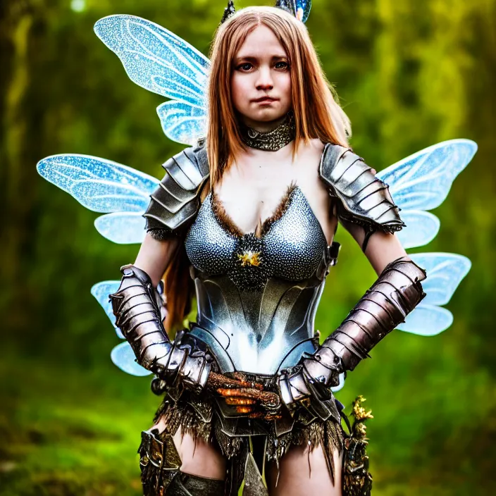 Image similar to full body photo of a fairy warrior wearing sparkly armour, highly detailed, 4 k, hdr, smooth, sharp focus, high resolution, award - winning photo