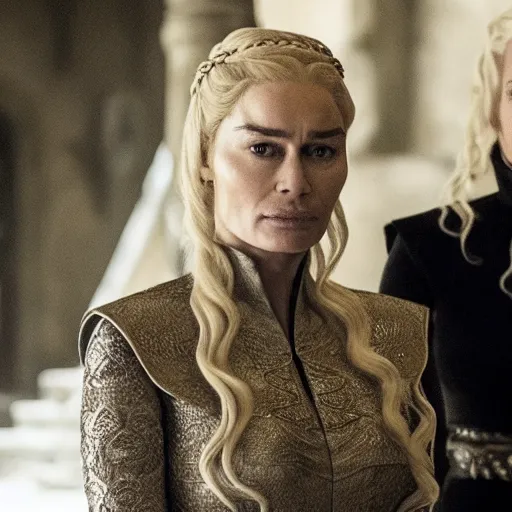 Prompt: an image of cersei lannister and daenerys targaryen talking suspiciously in kings landing