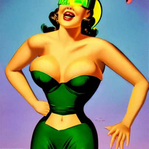 Image similar to portrait of pin up robot in a neon green bikini, art by gil elvgren, earl moran, joyce ballantyne, art frahm