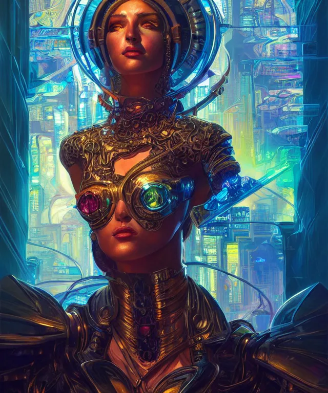 Image similar to a beautiful tarot card artwork of a cyberpunk crystal paladin, backlit, dazzling, highly detailed, digital painting, by karol bak and eddie mendoza and dan mumford and artgerm, vivid colors, masterpiece, detailed shading, 8 k resolution, intricate, smooth