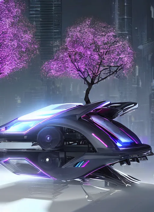 Image similar to a futuristic crystalpunk tesla cyber truck vehicle hover craft in the future of 2 0 8 9 futuristic version, cyberpunk look. digital art. trending on artstation. cyberpunk look hovering by mount fuji early in the morning with a few blossom trees around, high quality photo