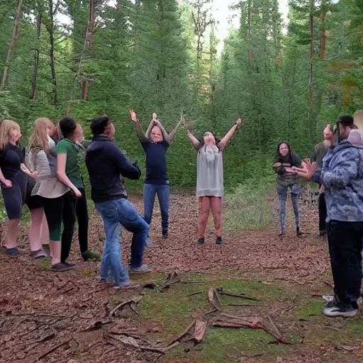 Prompt: a group of 20 people arranged in a circle pointing at a large reflective metal sphere in the forest. Found footage horror