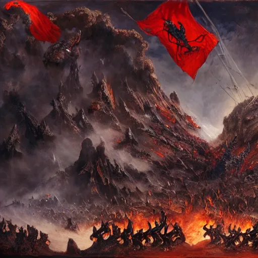 Image similar to an army of demons flying out of a volcano with flag bearers and trumpeters, intricate detail, royo, vallejo, frazetta, giger, whealan, hd, unreal engine,