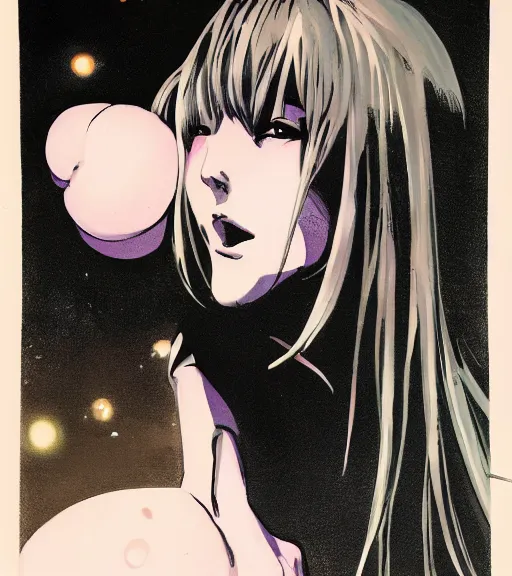 Prompt: guido crepax painting of an anime woman, direct flash photography at night, film grain