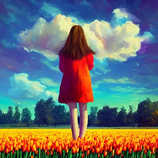 Image similar to girl with a giant tulip head, surreal photography, flower field, sunset dramatic light, impressionist painting, colorful clouds, blue sky, digital painting, artstation, simon stalenhag