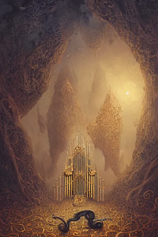 Prompt: illustration of close low angle view of an ornate obsidian gothic pipe organ with gold spidery embellishments, night, smoke, ground fog, by peter mohrbacher, by alex andreev, by jacek yerka, by alan lee, large depth of field, super detailed, digital art, trending on artstation, ornate