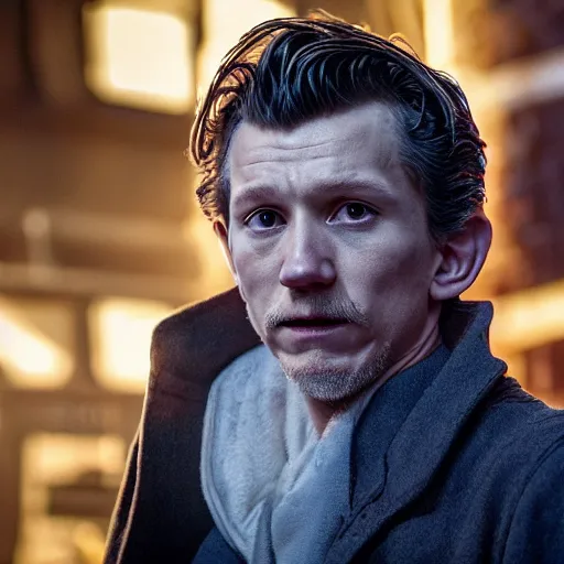 Image similar to tom holland as a rough dirty old man with a scruffy beard in a dark blue trenchcoat as the new doctor who, cinematic, volumetric lighting, f 8 aperture, cinematic eastman 5 3 8 4 film, photorealistic