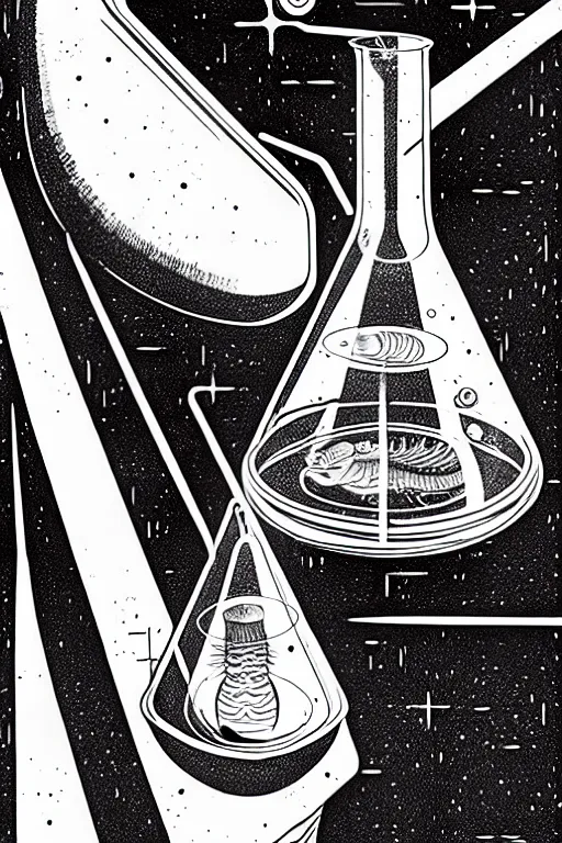 Image similar to an erlenmeyer flask with a caterpillar inside, bold line art, by vincent di fate inking, etching, screen print, masterpiece, sharp, high contrast, hyper - detailed, hd, 4 k, 8 k