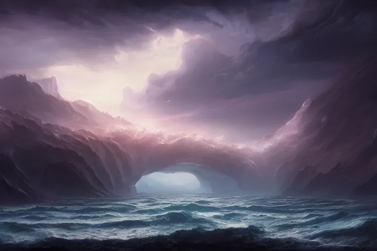 Prompt: cinematic painting by jessica rossier, darkness over a primordial ocean, in the beginning god created the heavens and the earth, now the earth was formless and empty, darkness was over the surface of the deep, and the spirit of god was hovering over the waters.