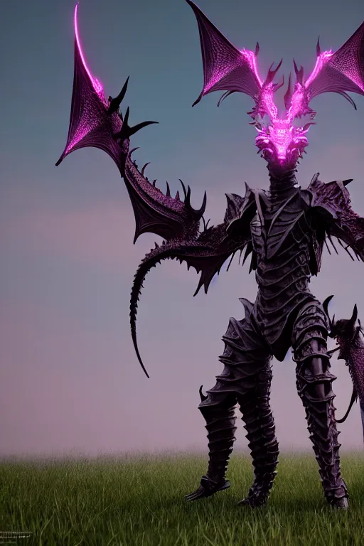 Image similar to high quality 3 d neo - gothic human dragon hybrid, exoskeleton armor, fighting with sword, field of pink flowers, highly detailed unreal engine, vitaly bulgarov dramatic dark teal light, ground angle hd 8 k, sharp focus