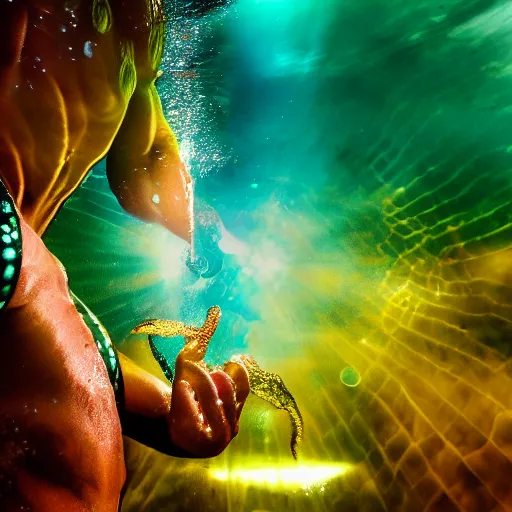 Image similar to aquaman breaking the surface of the water, underwater photography with light scattering and water refractions, smooth