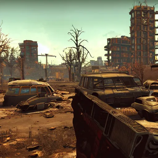 Image similar to vancouver in ruins post - nuclear war in fallout 4, in game screenshot