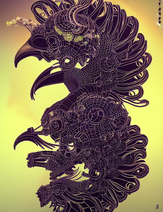 Image similar to 3 d goddess close - up profile solarpunk portrait ram skull. beautiful intricately detailed japanese crow kitsune mask and clasical japanese kimono. betta fish, jellyfish phoenix, bio luminescent, plasma, ice, water, wind, creature, artwork by tooth wu and wlop and beeple and greg rutkowski