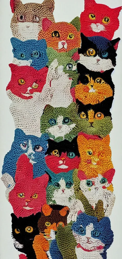 Image similar to cut and paste collage, multicolored crocheted cats, 1 9 9 0 s catalogue photo,