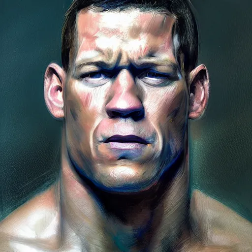 Prompt: A realistic hyperdetailed wide-shot digital oil portrait painting of an John cena in the style of Guy Denning, Ruan Jia, and Craig Mullins. Trending on ArtStation, DeviantArt, and Instagram. CGSociety Digital art. John cena.