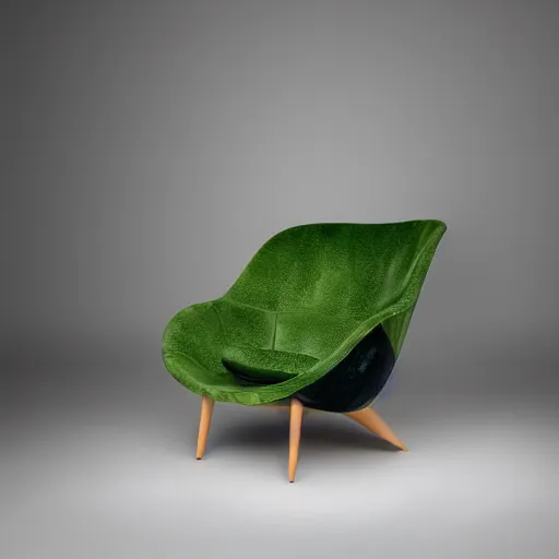Image similar to an avacado chair, an armchair that looks like an avacado with green leather and seed yolk, award winning design, studio lighting, advanced photography, beautifully lit