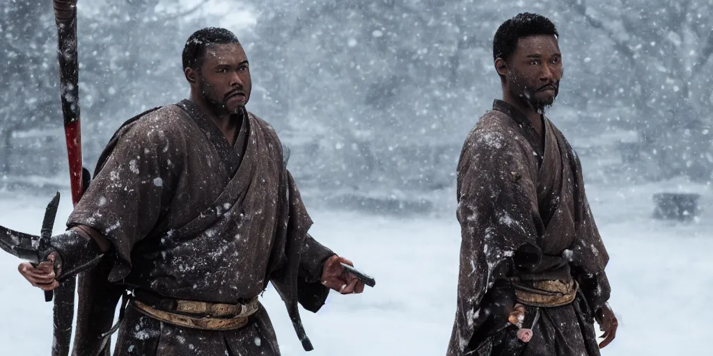 Image similar to a film still of a black man starring in a japanese blockbuster film as ancient samurai, fighting against alien creatures, snow, shallow depth of field, cinematic, award winning cgi, vfx, film still