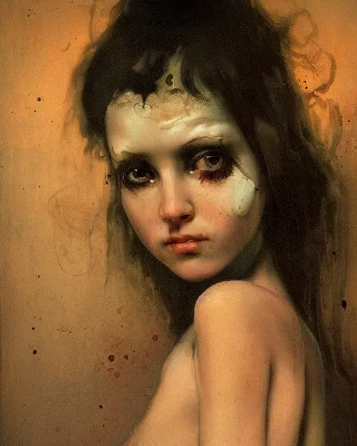 Image similar to a beautiful and eerie baroque painting of a beautiful but creepy girl in layers of fear, with haunted eyes and dark hair piled on her head, 1 9 7 0 s, seventies, wallpaper, a little blood, morning light showing injuries, delicate embellishments, painterly, offset printing technique, by brom, robert henri, walter popp