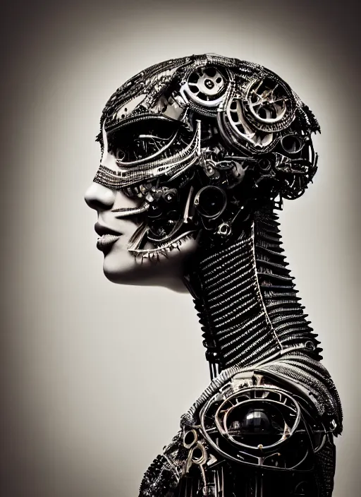 Image similar to a stunning young woman - crow mixed cyborg profile face, face is made intricate tribal bio - mechanical, editorial photography, bw, shot on 7 0 mm, depth of field, f / 2. 8, high contrast, 1 6 k, volumetric lighting, shiny, insanely detailed and intricate, hypermaximalist, elegant, ornate, hyper realistic, super detailed