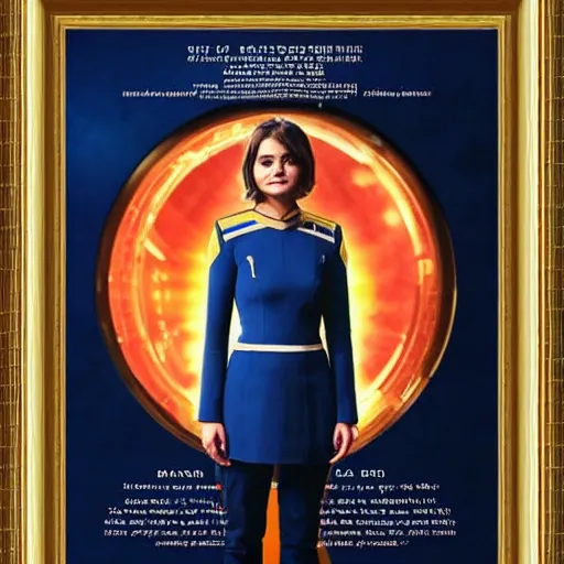 Image similar to a full body photograph of jenna coleman as a star fleet science officer from star trek next generation, full dress uniform, symmetrical face, extreme realism and detail, 8 k, completely framed, direct lighting, 3 5 mm photo, photorealistic, sharp focus