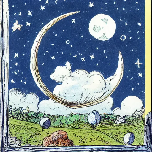 Prompt: night sky, stars, crescent talking moon smiling prominently in the center, surrounded by clouds, landscape, illustrated by peggy fortnum and beatrix potter and sir john tenniel