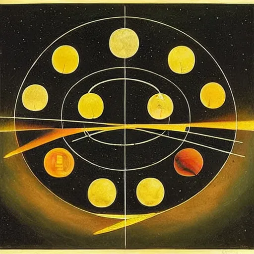 Image similar to a parade of disconnected images : astronomical diagrams projecting the distances between celestial bodies, a painting by giorgio de chirico, a list of unpopular anagrams.