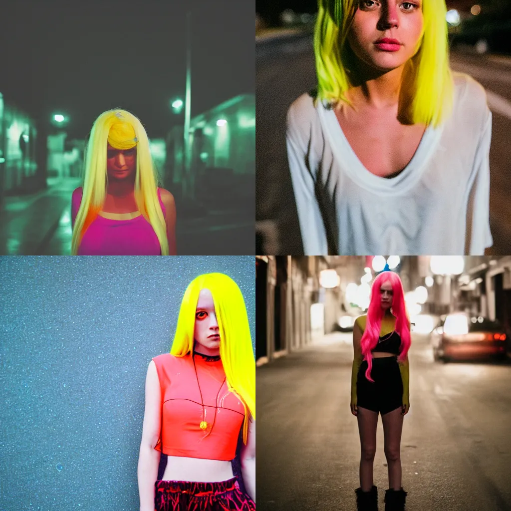 Prompt: girl with long yellow hair wearing a crop top during the night, neon street, dslr 3 5 mm portrait photo