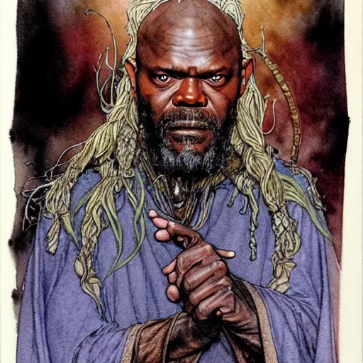 Image similar to a realistic and atmospheric watercolour fantasy character concept art portrait of samuel l. jackson as a druidic warrior wizard looking at the camera with an intelligent gaze by rebecca guay, michael kaluta, charles vess and jean moebius giraud