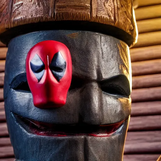 Image similar to a closeup photorealistic photograph of a deadpool style tiki mug sitting at a trader vic's beach bar featuring the face of deadpool. tiki party. bright scene. fine detail. this 4 k hd image is trending on artstation, featured on behance, well - rendered, extra crisp, features intricate detail, epic composition and the style of unreal engine.