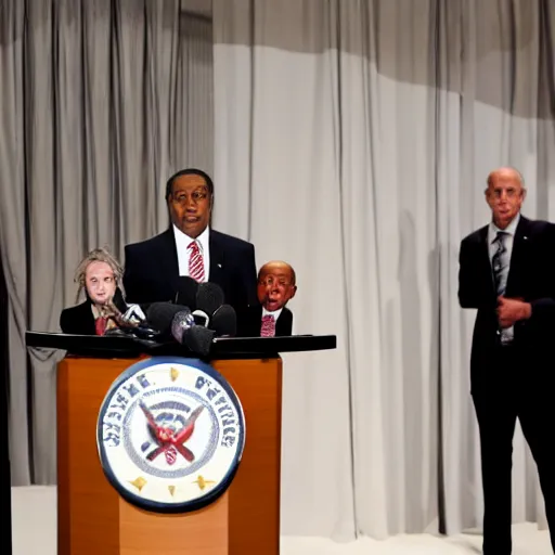 Prompt: one president that looks like a marionette in a podium giving a press conference