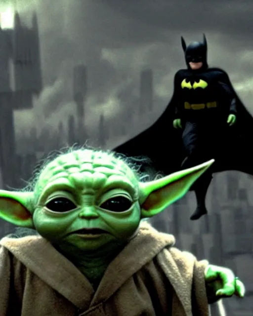 Prompt: epic action still of baby yoda as batman in the style of batman the dark knight rises
