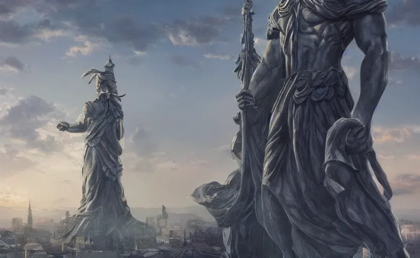Prompt: A large statue of a wizard guarding a city, landscape art, concept art, intense, fantasy, inspiring, colossus of rhodes