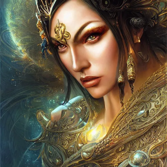 Image similar to a highly detailed painting of a sorceress with piercing beautiful eyes, mystical temple setting, dynamic lighting, ambient lighting, deviantart, art by artgerm and karol bak and mark brooks