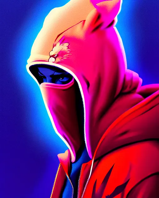 Image similar to synthwave, hyper - realistic portrait of a man in a hoodie, with kitsune mask, intricate, 4 k, by atey ghailan, by greg rutkowski, by greg tocchini, by james gilleard, by joe fenton, by kaethe butcher, dynamic lighting, lighting color scheme, sharp focus, grunge aesthetic