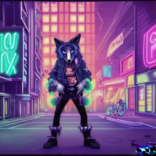 Prompt: beautiful commission digital art portrait commission of an androgynous furry anthro wolf wearing punk clothes in the streets of a cyberpunk city. neon signs, detailed background, futuristic adverts, holographics. character design by zaush, rick griffin, tessgarman, angiewolf, rube, miles df, smileeeeeee, furlana, fa, furraffinity