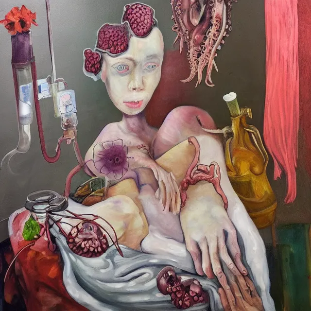 Prompt: portrait of a female art student in a hospital bed, sensual, wilted flowers, squashed berry stains, octopus, scientific glassware, eating rotting fruit, oxygen tank, candlelight, neo - impressionist, surrealism, acrylic and spray paint and oilstick on canvas