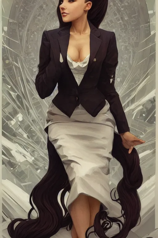 Image similar to evil cottagecore Ariana Grande , business chic attire, office setting, intricate, elegant, highly detailed, digital painting, artstation, concept art, smooth, sharp, focus, illustration, art by artgerm and greg rutkowski and alphonse mucha