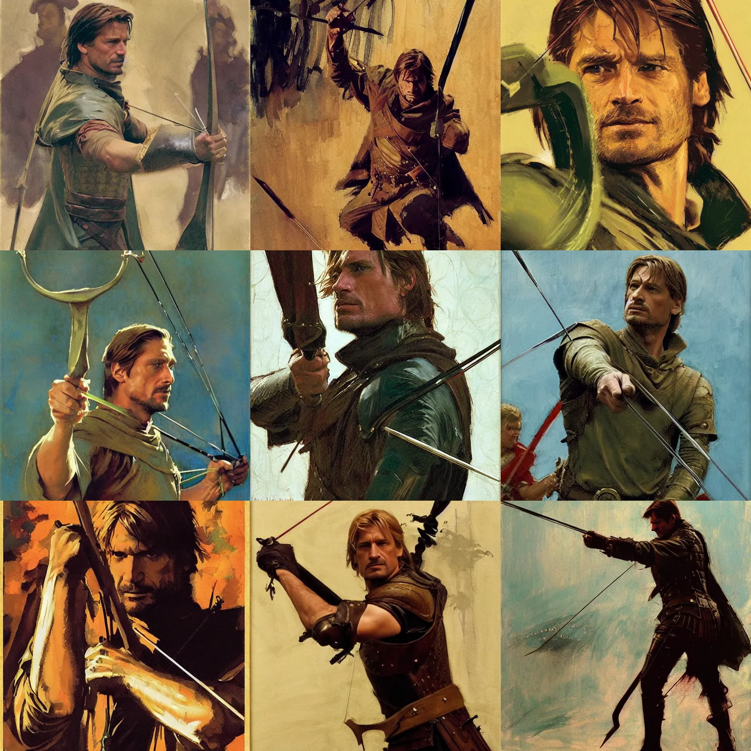 Prompt: jaime lannister as robin hood aiming a bow, intricate, elegant, impressionistic, greg manchess, mucha, liepke, ruan jia, jeffrey catherine jones, bernie fuchs